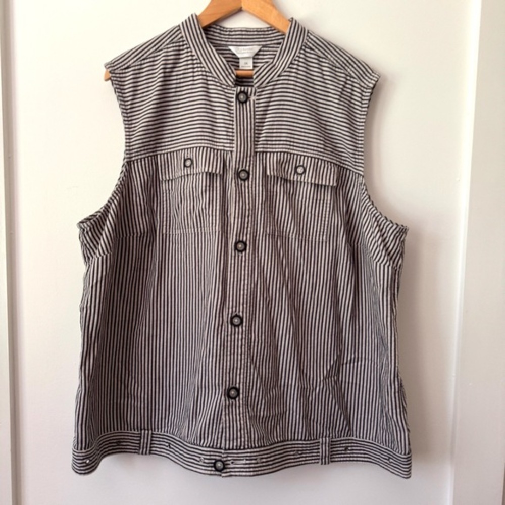 CJ Banks 3X Black White Striped Sleeveless Vest‎ Top Utility Button Down Cotton